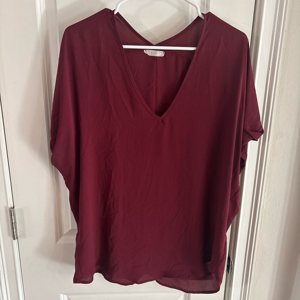Lush Deep Burgundy V-Neck Blouse Size L